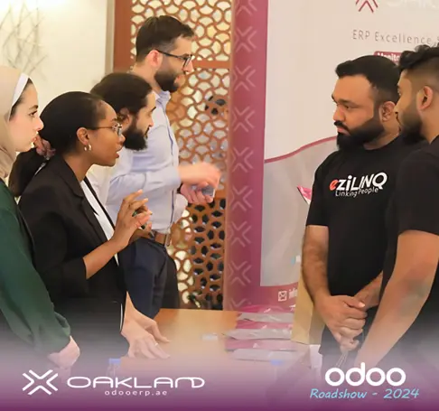 Oakland-Odooerp.ae consultants interacting with customers at the Odoo Roadshow 2024 Event