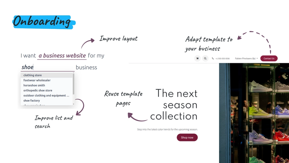 odoo erp version 19 onboarding process for a shoe company's business website creation 